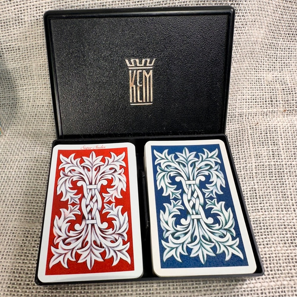 Vintage 1935 KEM Plastic Playing Cards 2 Decks Filigree Acanthus Leaf Complete